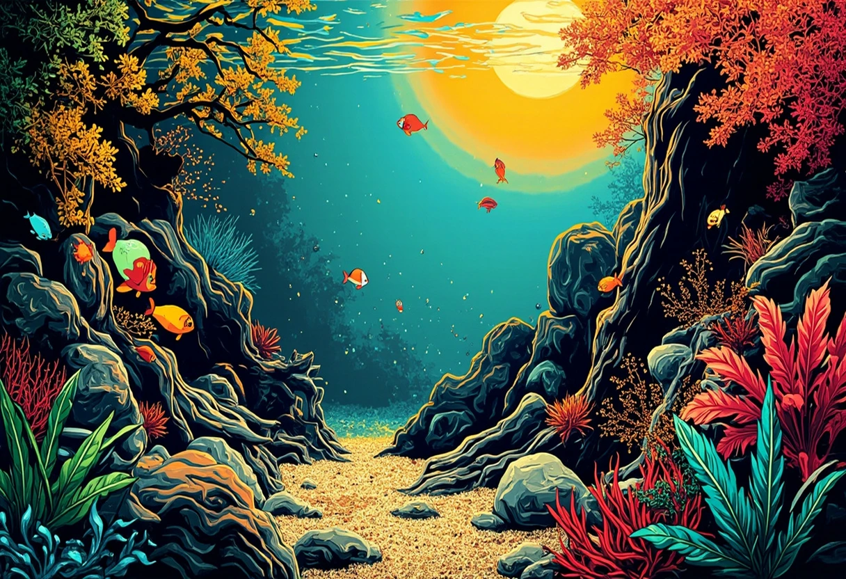 Aquascaping Unterwasserlandschaft mit Steinen, Wurzeln und üppiger Bepflanzung